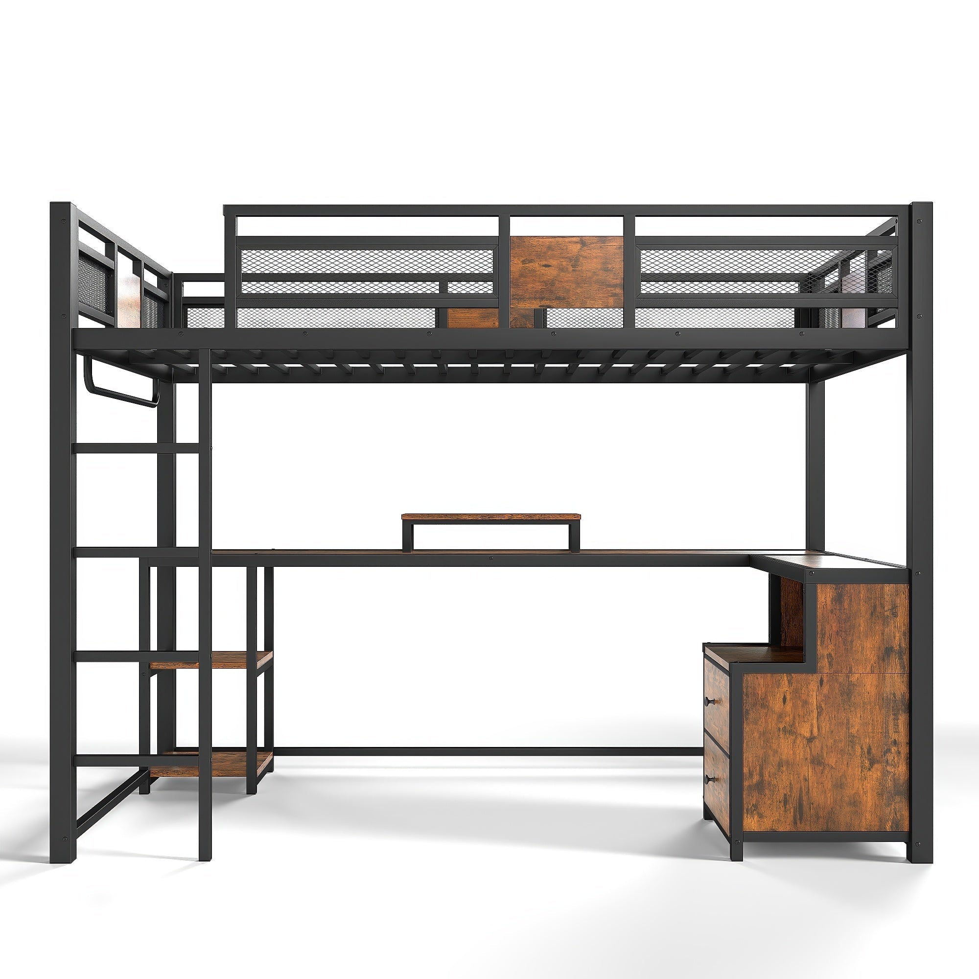 Bellemave® Loft Bed with Desk & Fabric Drawer, Metal Loft Bed Frame with guardrail & Ladder, Black - Bellemave