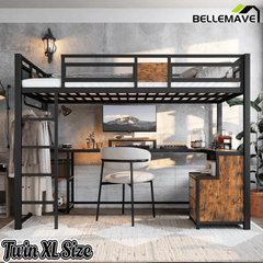 Bellemave® Loft Bed with Desk & Fabric Drawer, Metal Loft Bed Frame with guardrail & Ladder, Black - Bellemave