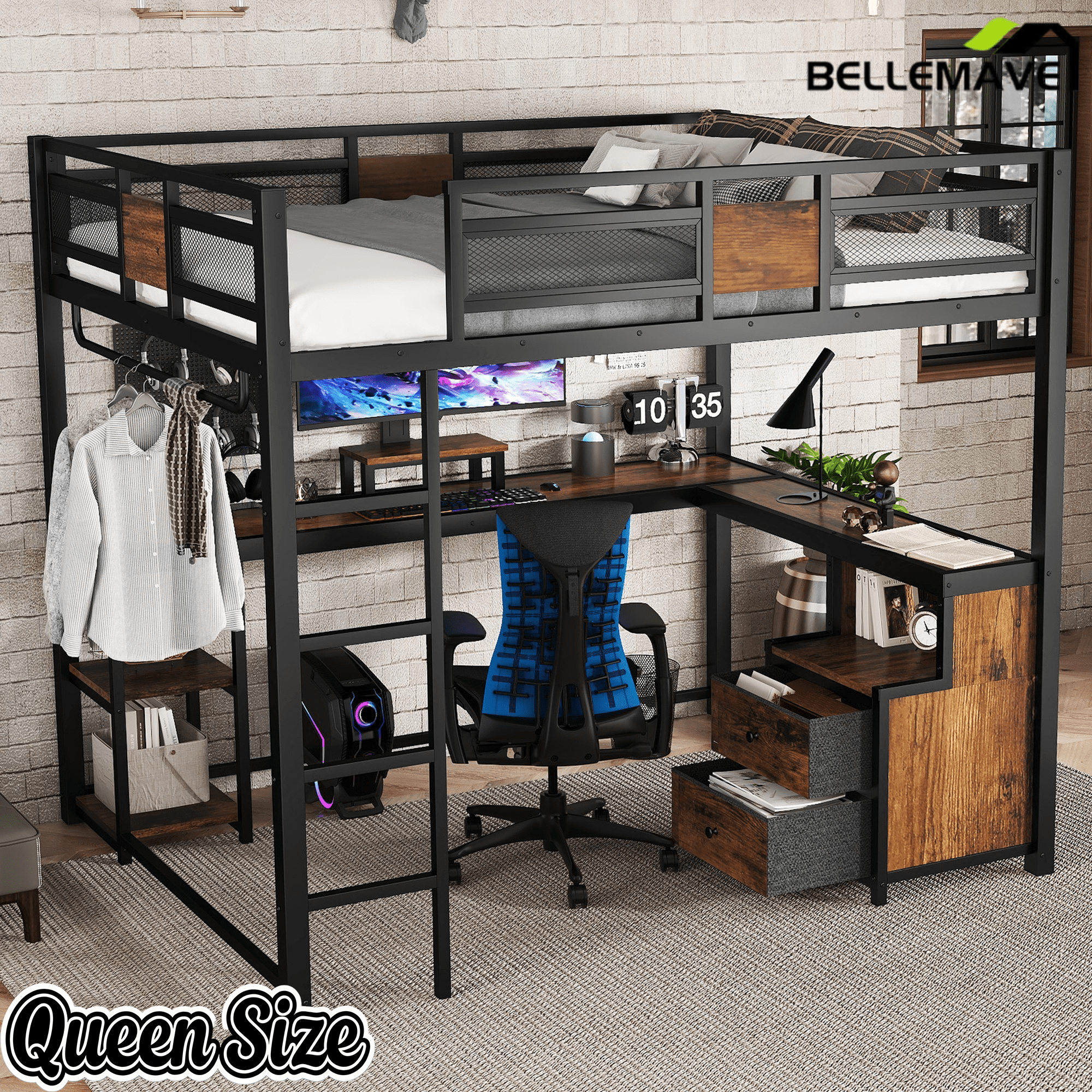 Bellemave® Loft Bed with Desk & Fabric Drawer, Metal Loft Bed Frame with guardrail & Ladder, Black - Bellemave