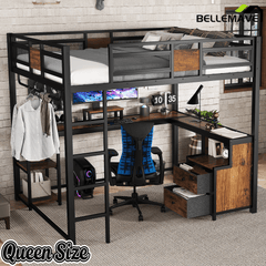 Bellemave® Loft Bed with Desk & Fabric Drawer, Metal Loft Bed Frame with guardrail & Ladder, Black - Bellemave