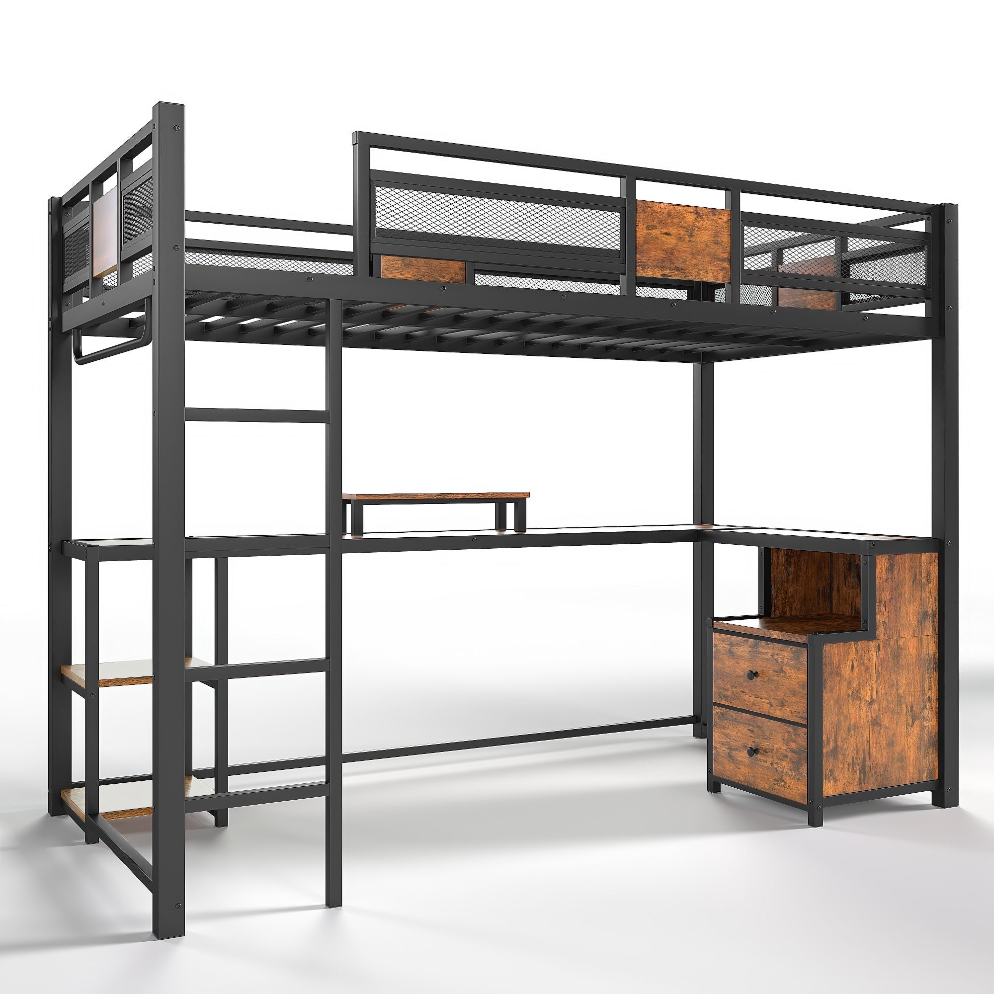 Bellemave® Loft Bed with Desk & Fabric Drawer, Metal Loft Bed Frame with guardrail & Ladder, Black - Bellemave