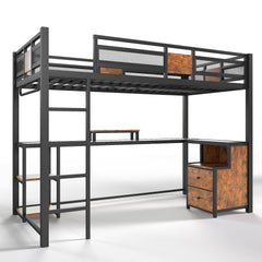 Bellemave® Loft Bed with Desk & Fabric Drawer, Metal Loft Bed Frame with guardrail & Ladder, Black - Bellemave