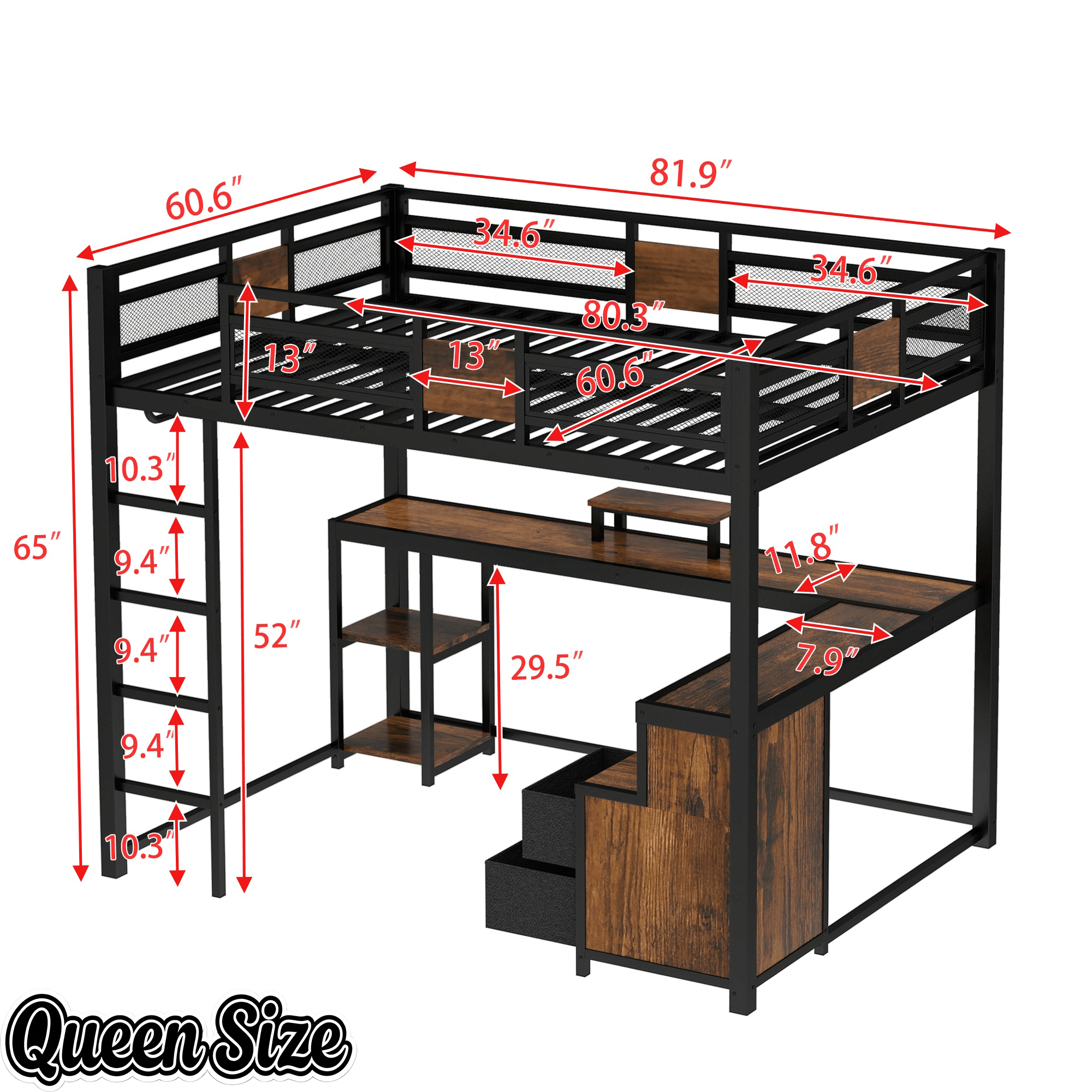 Bellemave® Loft Bed with Desk & Fabric Drawer, Metal Loft Bed Frame with guardrail & Ladder, Black - Bellemave