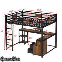 Bellemave® Loft Bed with Desk & Fabric Drawer, Metal Loft Bed Frame with guardrail & Ladder, Black - Bellemave