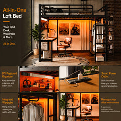 Bellemave® Loft Bed with Desk, Storage Shelf, Pegboard & Lights, Metal Loft Bed with Charging Station & Hanging Rod, Adults Loft Beds Nosie - Free, Black - Bellemave