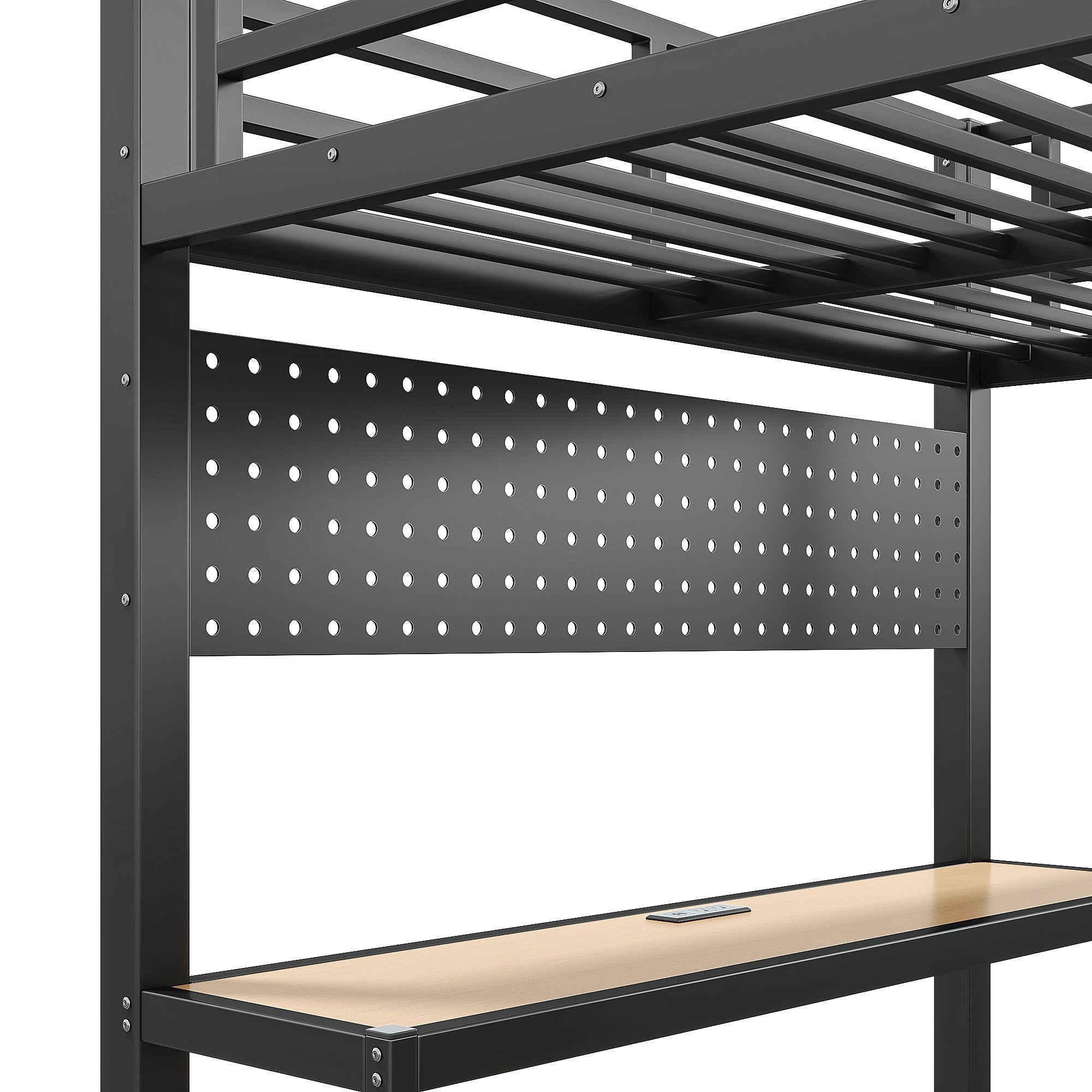 Bellemave® Loft Bed with Desk, Storage Shelf, Pegboard & Lights, Metal Loft Bed with Charging Station & Hanging Rod, Adults Loft Beds Nosie - Free, Black - Bellemave