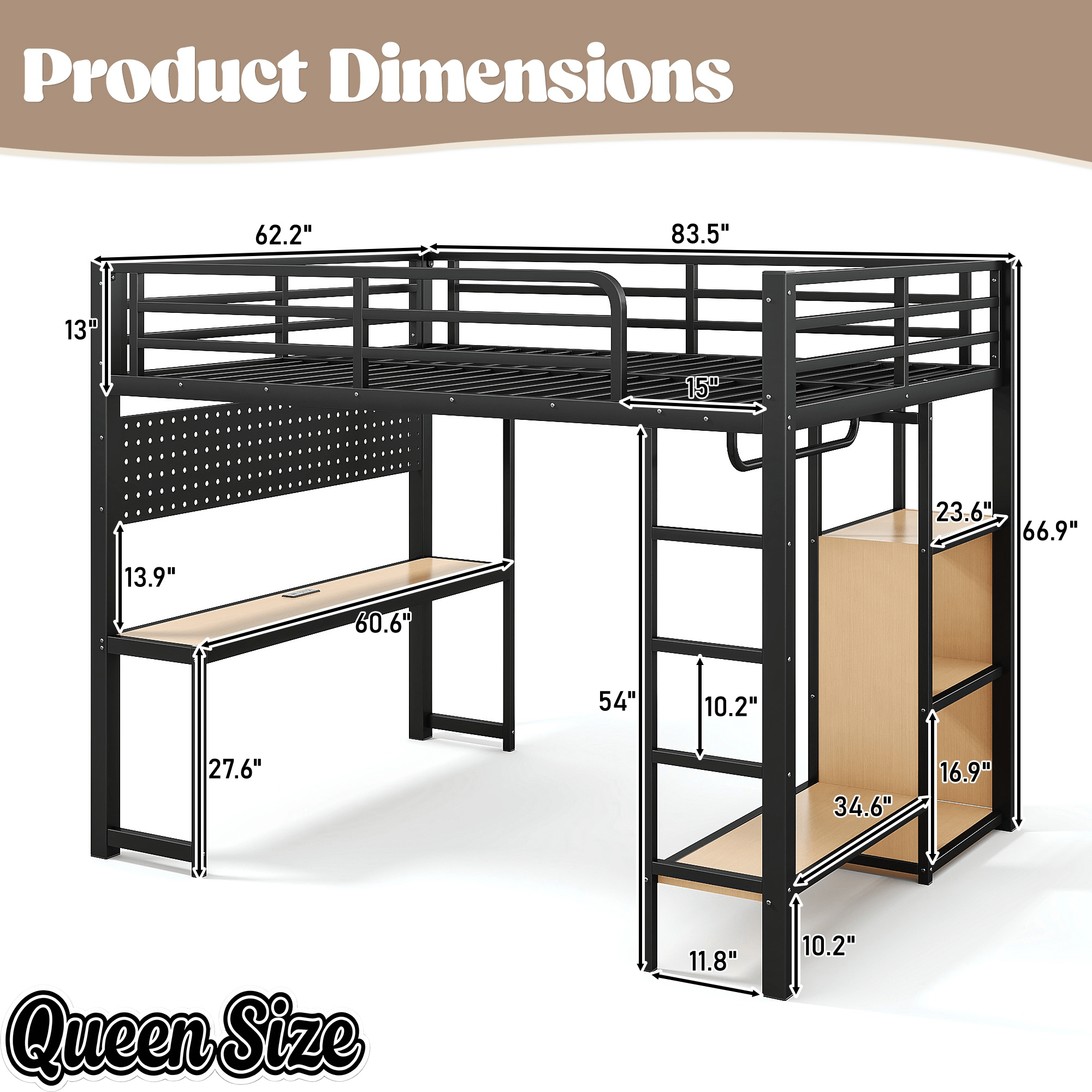 Bellemave® Loft Bed with Desk, Storage Shelf, Pegboard & Lights, Metal Loft Bed with Charging Station & Hanging Rod, Adults Loft Beds Nosie - Free, Black - Bellemave