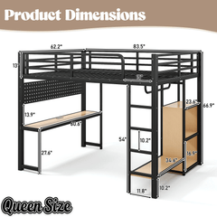 Bellemave® Loft Bed with Desk, Storage Shelf, Pegboard & Lights, Metal Loft Bed with Charging Station & Hanging Rod, Adults Loft Beds Nosie - Free, Black - Bellemave
