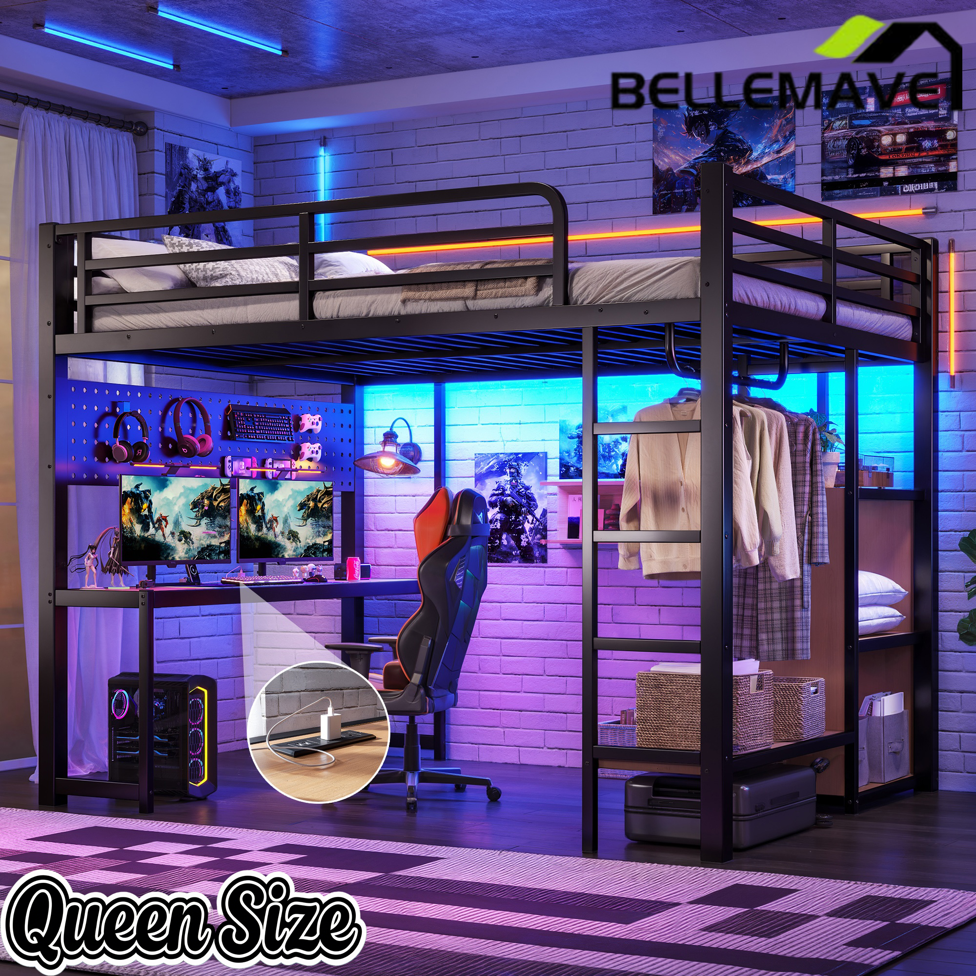 Bellemave® Loft Bed with Desk, Storage Shelf, Pegboard & Lights, Metal Loft Bed with Charging Station & Hanging Rod, Adults Loft Beds Nosie - Free, Black - Bellemave
