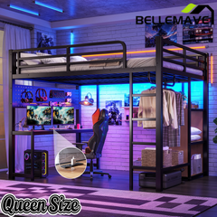 Bellemave® Loft Bed with Desk, Storage Shelf, Pegboard & Lights, Metal Loft Bed with Charging Station & Hanging Rod, Adults Loft Beds Nosie - Free, Black - Bellemave