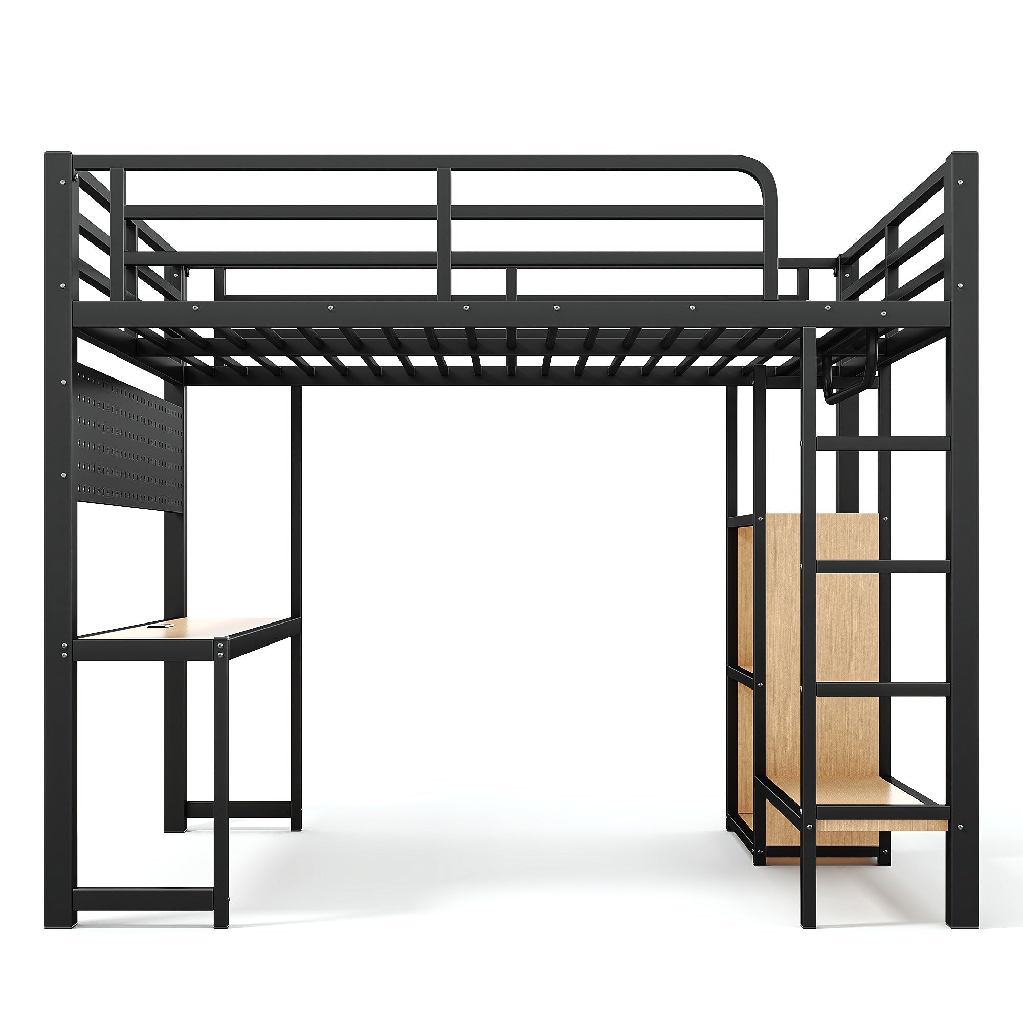 Bellemave® Loft Bed with Desk, Storage Shelf, Pegboard & Lights, Metal Loft Bed with Charging Station & Hanging Rod, Adults Loft Beds Nosie - Free, Black - Bellemave