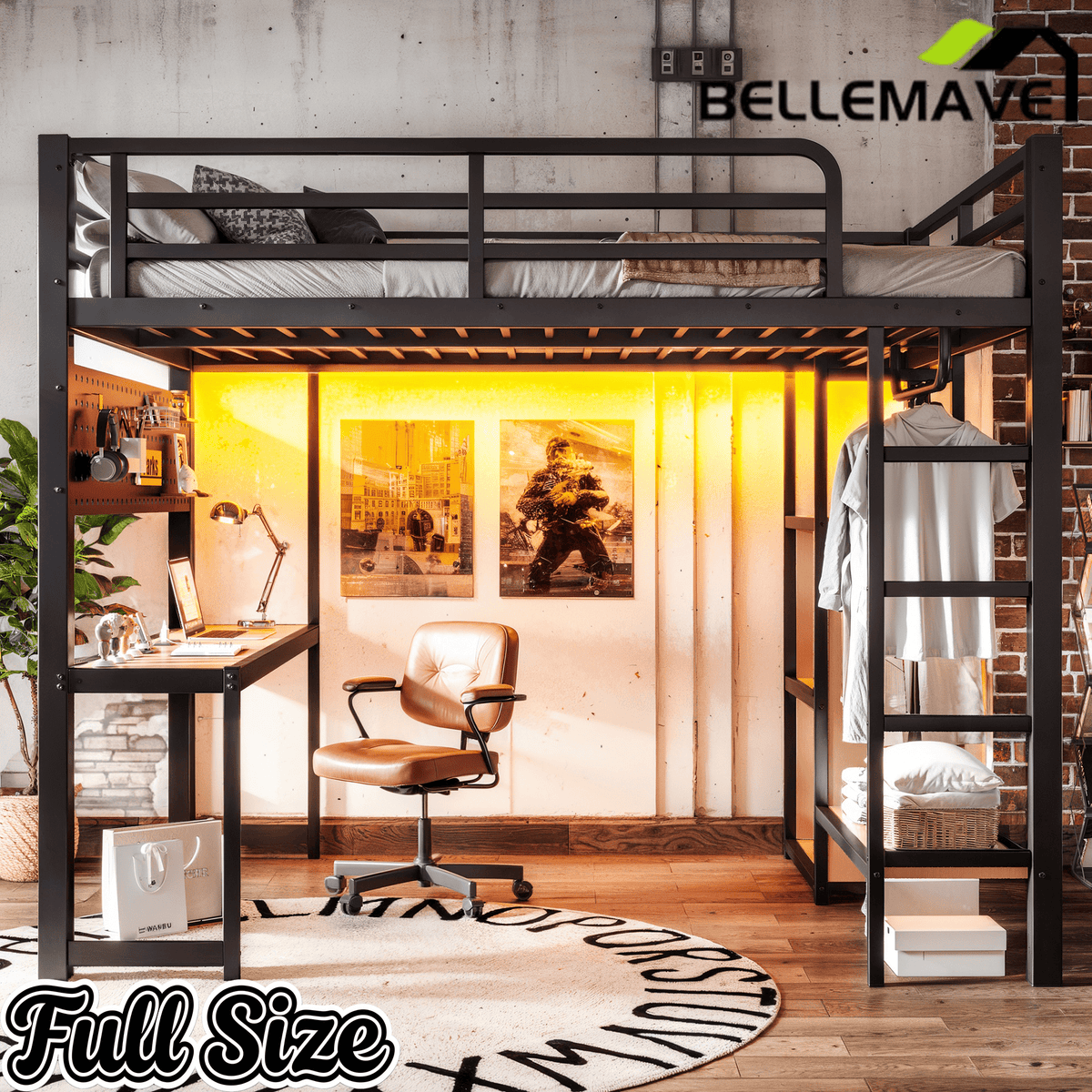 Bellemave® Loft Bed with Desk, Storage Shelf, Pegboard & Lights, Metal Loft Bed with Charging Station & Hanging Rod, Adults Loft Beds Nosie - Free, Black - Bellemave