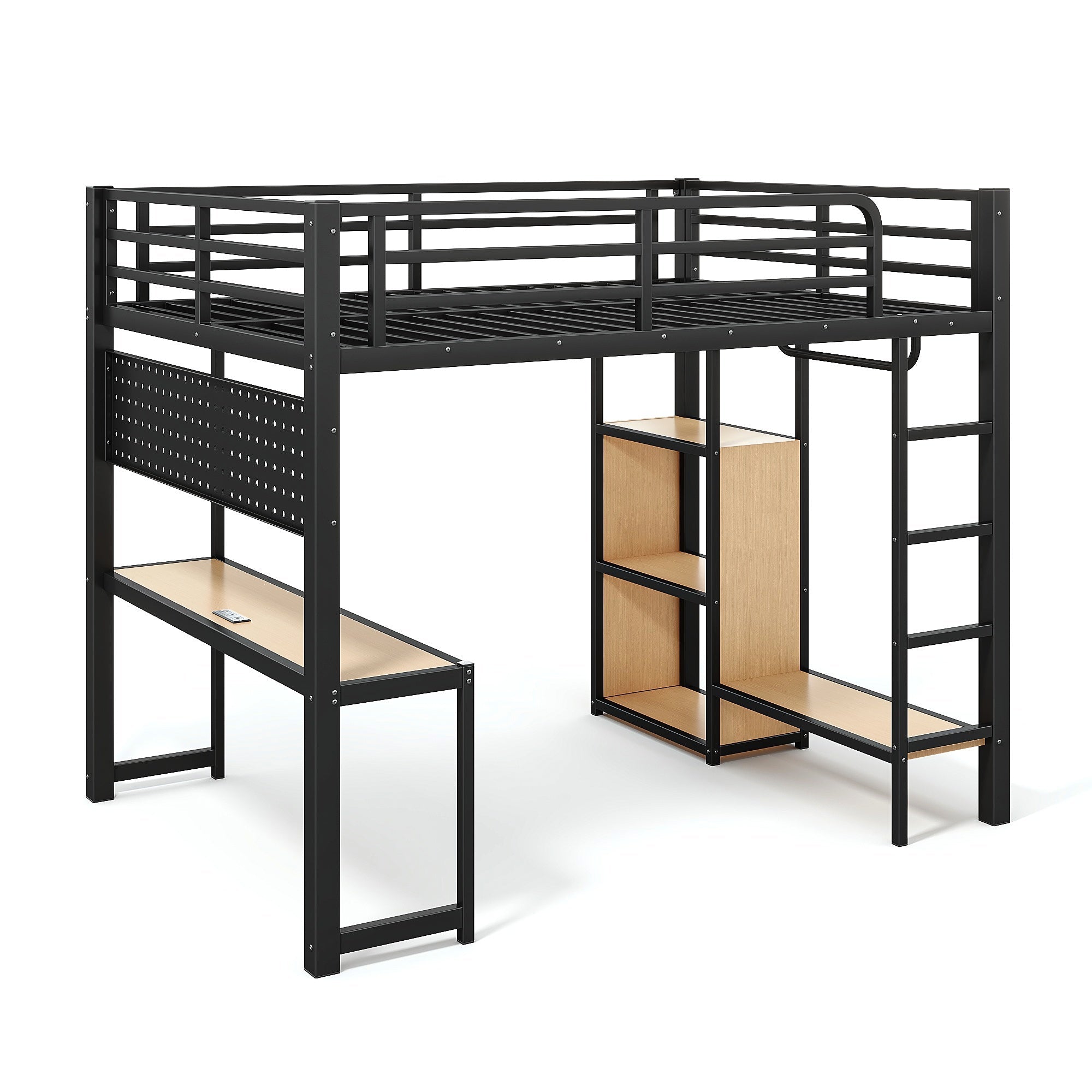 Bellemave® Loft Bed with Desk, Storage Shelf, Pegboard & Lights, Metal Loft Bed with Charging Station & Hanging Rod, Adults Loft Beds Nosie - Free, Black - Bellemave