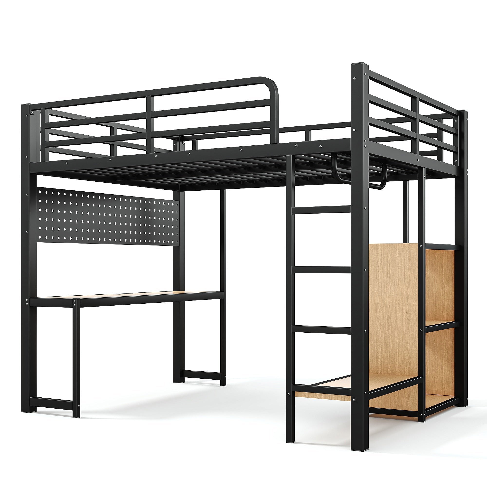 Bellemave® Loft Bed with Desk, Storage Shelf, Pegboard & Lights, Metal Loft Bed with Charging Station & Hanging Rod, Adults Loft Beds Nosie - Free, Black - Bellemave