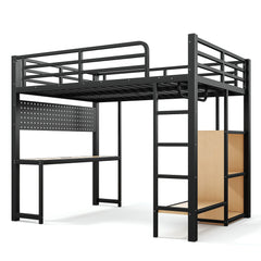 Bellemave® Loft Bed with Desk, Storage Shelf, Pegboard & Lights, Metal Loft Bed with Charging Station & Hanging Rod, Adults Loft Beds Nosie - Free, Black - Bellemave