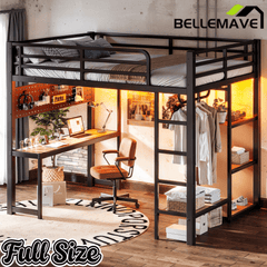 Bellemave® Loft Bed with Desk, Storage Shelf, Pegboard & Lights, Metal Loft Bed with Charging Station & Hanging Rod, Adults Loft Beds Nosie - Free, Black - Bellemave