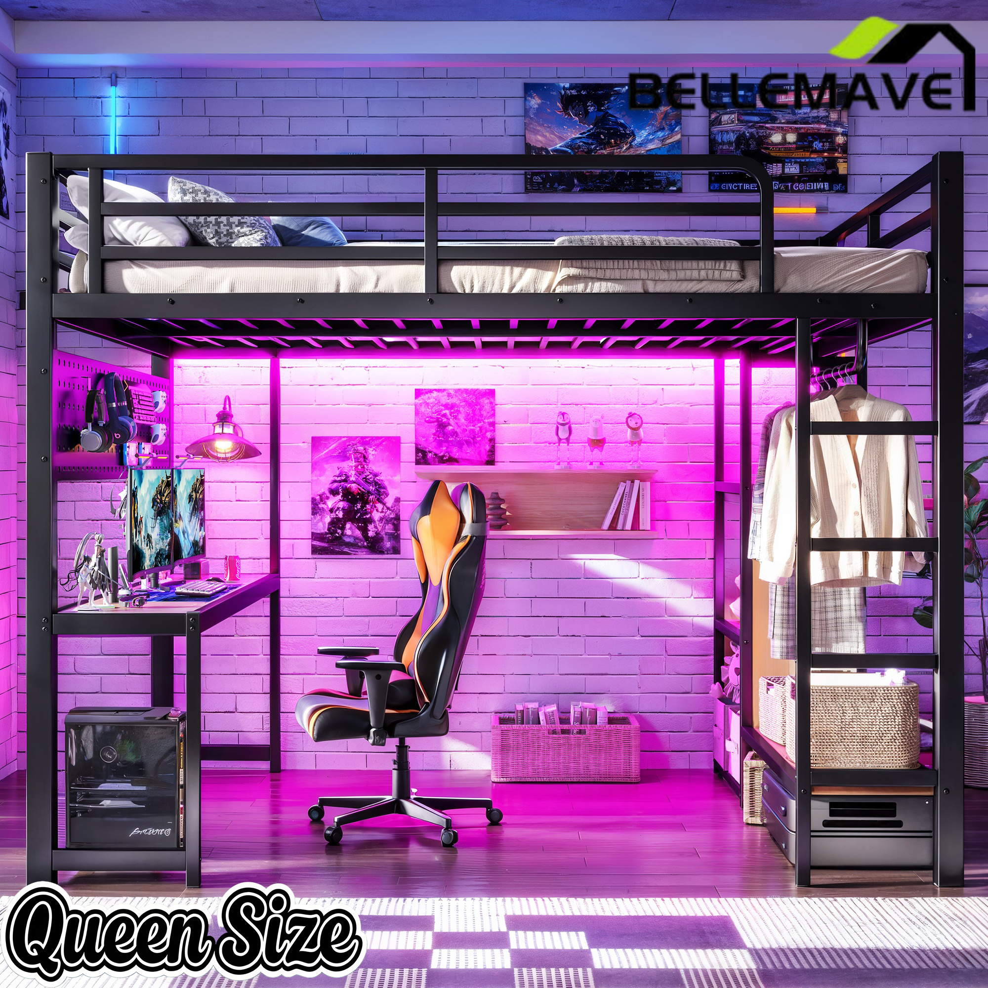 Bellemave® Loft Bed with Desk, Storage Shelf, Pegboard & Lights, Metal Loft Bed with Charging Station & Hanging Rod, Adults Loft Beds Nosie - Free, Black - Bellemave