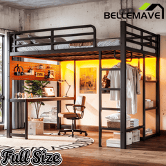 Bellemave® Loft Bed with Desk, Storage Shelf, Pegboard & Lights, Metal Loft Bed with Charging Station & Hanging Rod, Adults Loft Beds Nosie - Free, Black - Bellemave