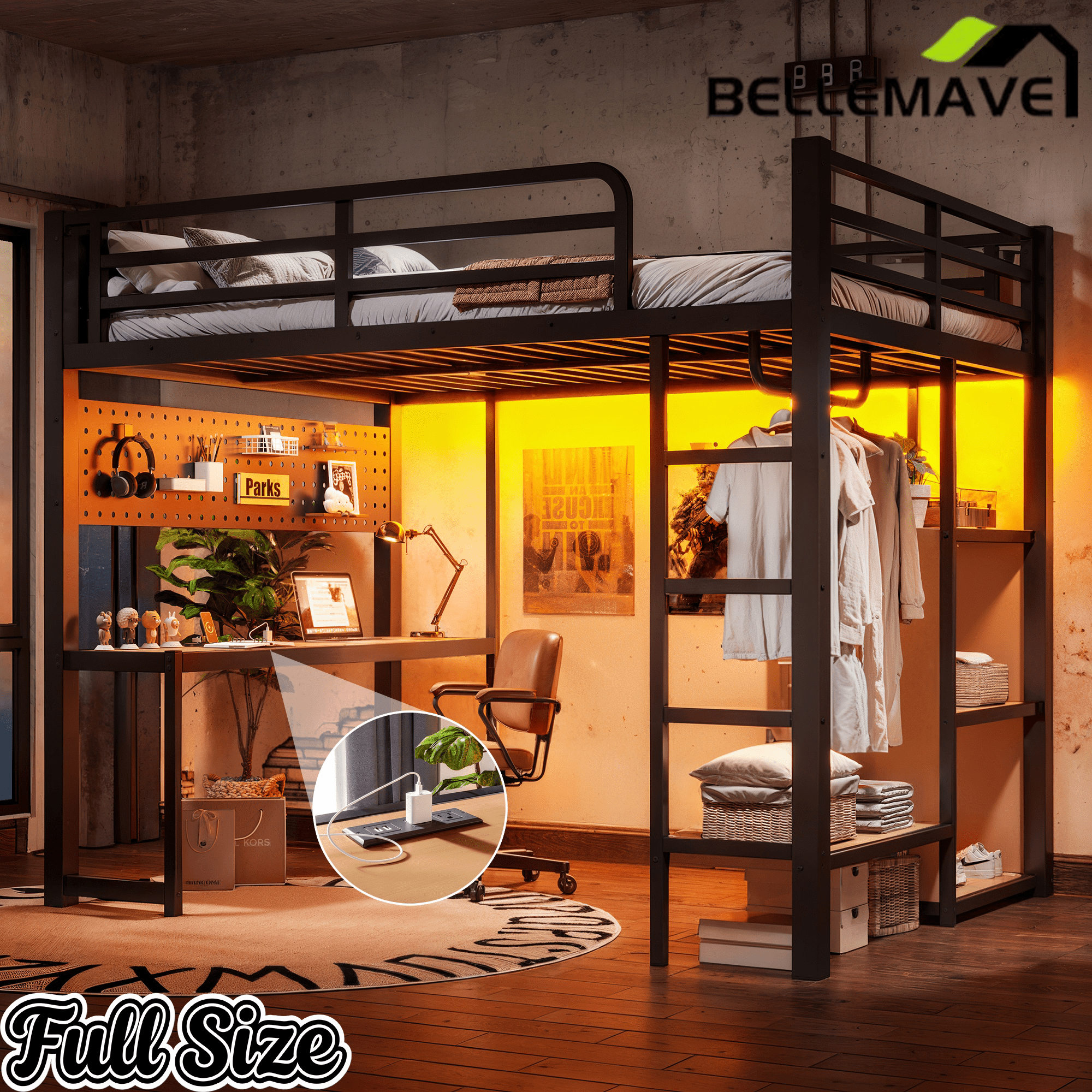 Bellemave® Loft Bed with Desk, Storage Shelf, Pegboard & Lights, Metal Loft Bed with Charging Station & Hanging Rod, Adults Loft Beds Nosie - Free, Black - Bellemave