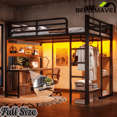 Bellemave® Loft Bed with Desk, Storage Shelf, Pegboard & Lights, Metal Loft Bed with Charging Station & Hanging Rod, Adults Loft Beds Nosie - Free, Black - Bellemave