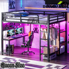 Bellemave® Loft Bed with Desk, Storage Shelf, Pegboard & Lights, Metal Loft Bed with Charging Station & Hanging Rod, Adults Loft Beds Nosie - Free, Black - Bellemave