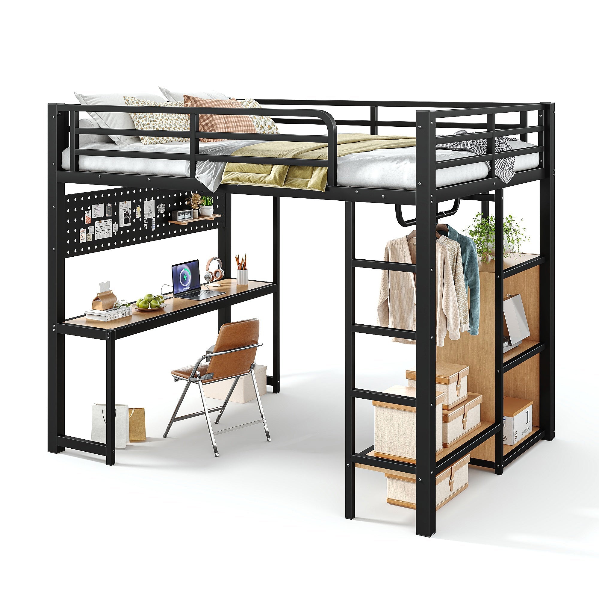 Bellemave® Loft Bed with Desk, Storage Shelf, Pegboard & Lights, Metal Loft Bed with Charging Station & Hanging Rod, Adults Loft Beds Nosie - Free, Black - Bellemave