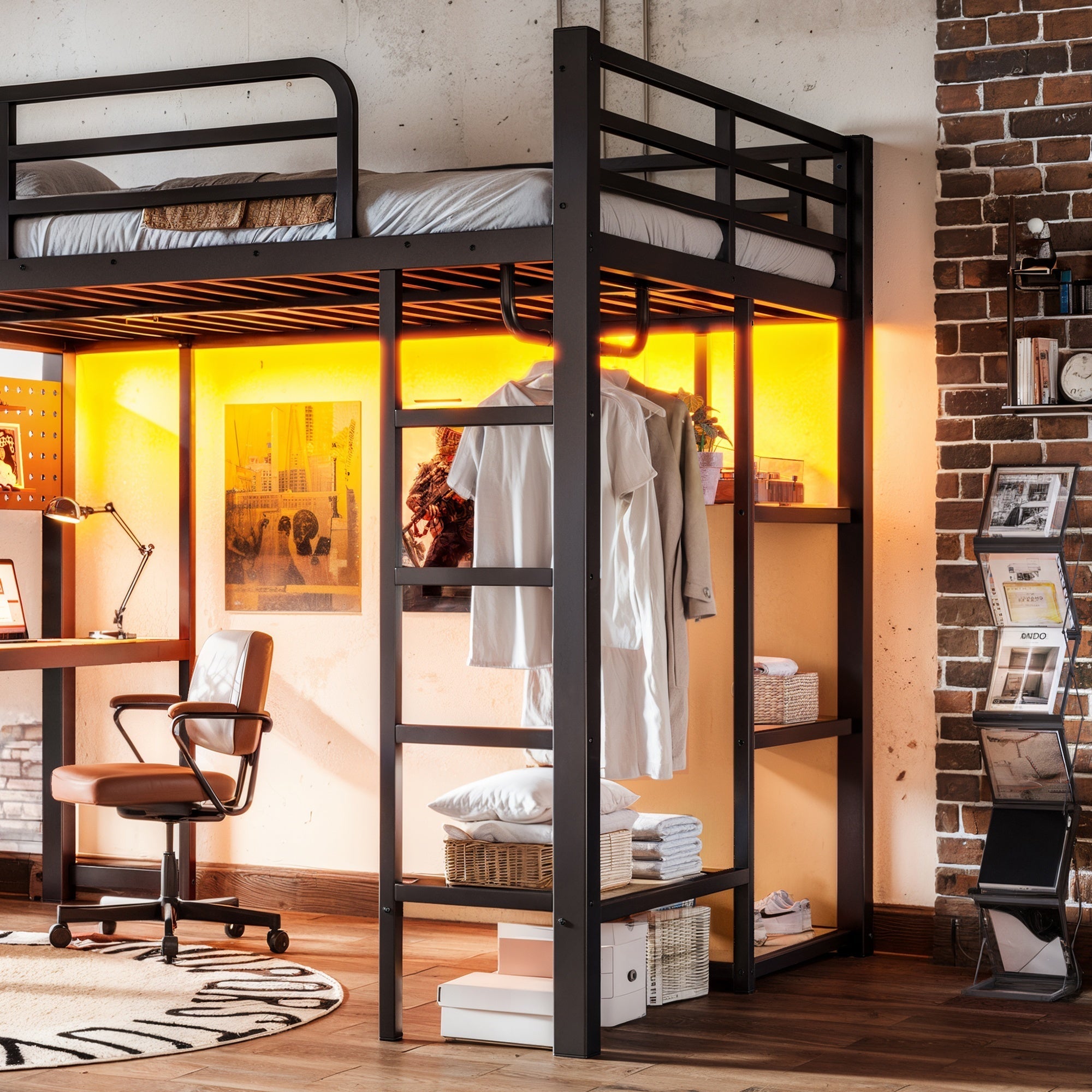 Bellemave® Loft Bed with Desk, Storage Shelf, Pegboard & Lights, Metal Loft Bed with Charging Station & Hanging Rod, Adults Loft Beds Nosie - Free, Black - Bellemave