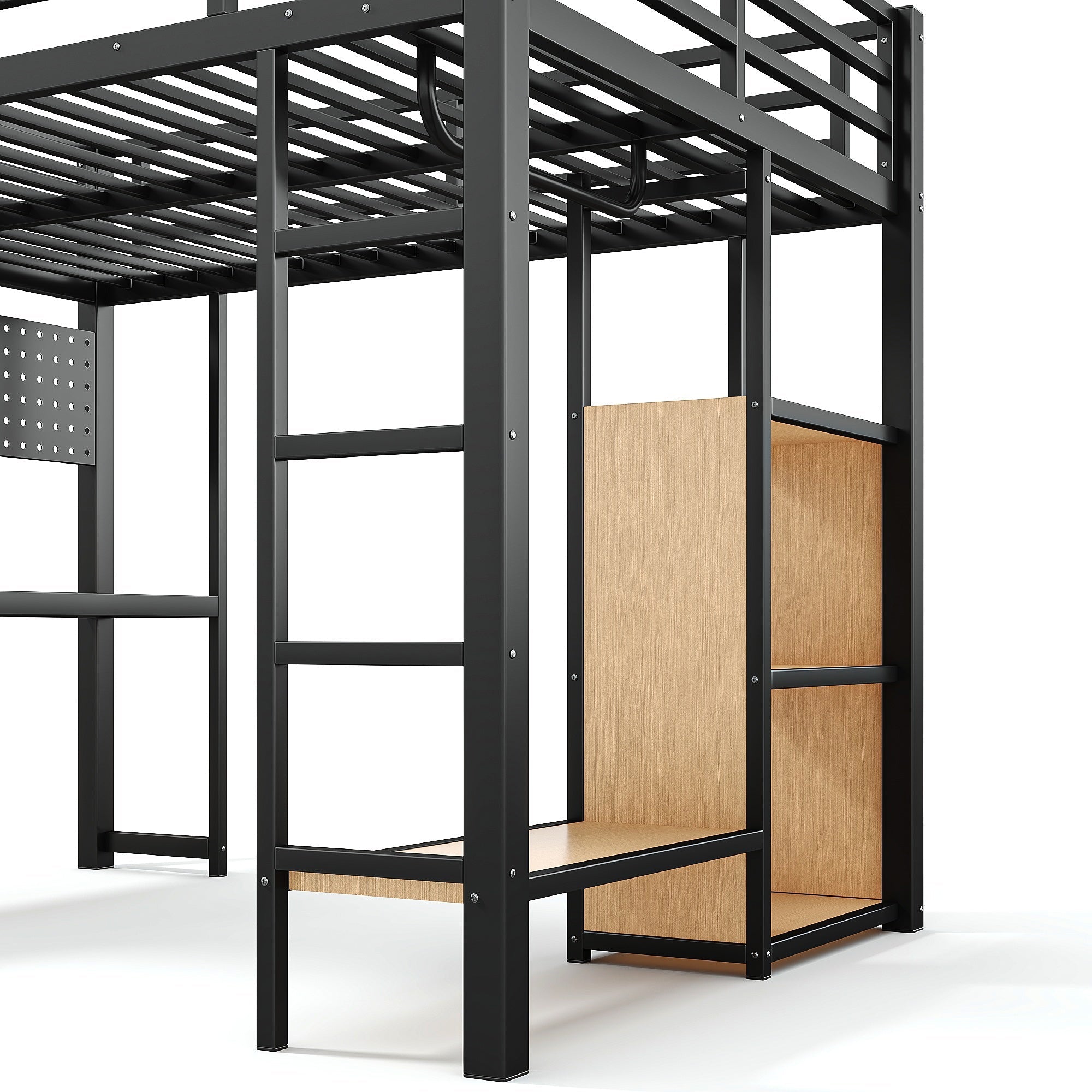 Bellemave® Loft Bed with Desk, Storage Shelf, Pegboard & Lights, Metal Loft Bed with Charging Station & Hanging Rod, Adults Loft Beds Nosie - Free, Black - Bellemave