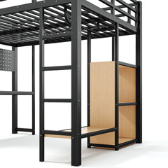 Bellemave® Loft Bed with Desk, Storage Shelf, Pegboard & Lights, Metal Loft Bed with Charging Station & Hanging Rod, Adults Loft Beds Nosie - Free, Black - Bellemave