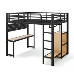 Bellemave® Loft Bed with Desk, Storage Shelf, Pegboard & Lights, Metal Loft Bed with Charging Station & Hanging Rod, Adults Loft Beds Nosie - Free, Black - Bellemave