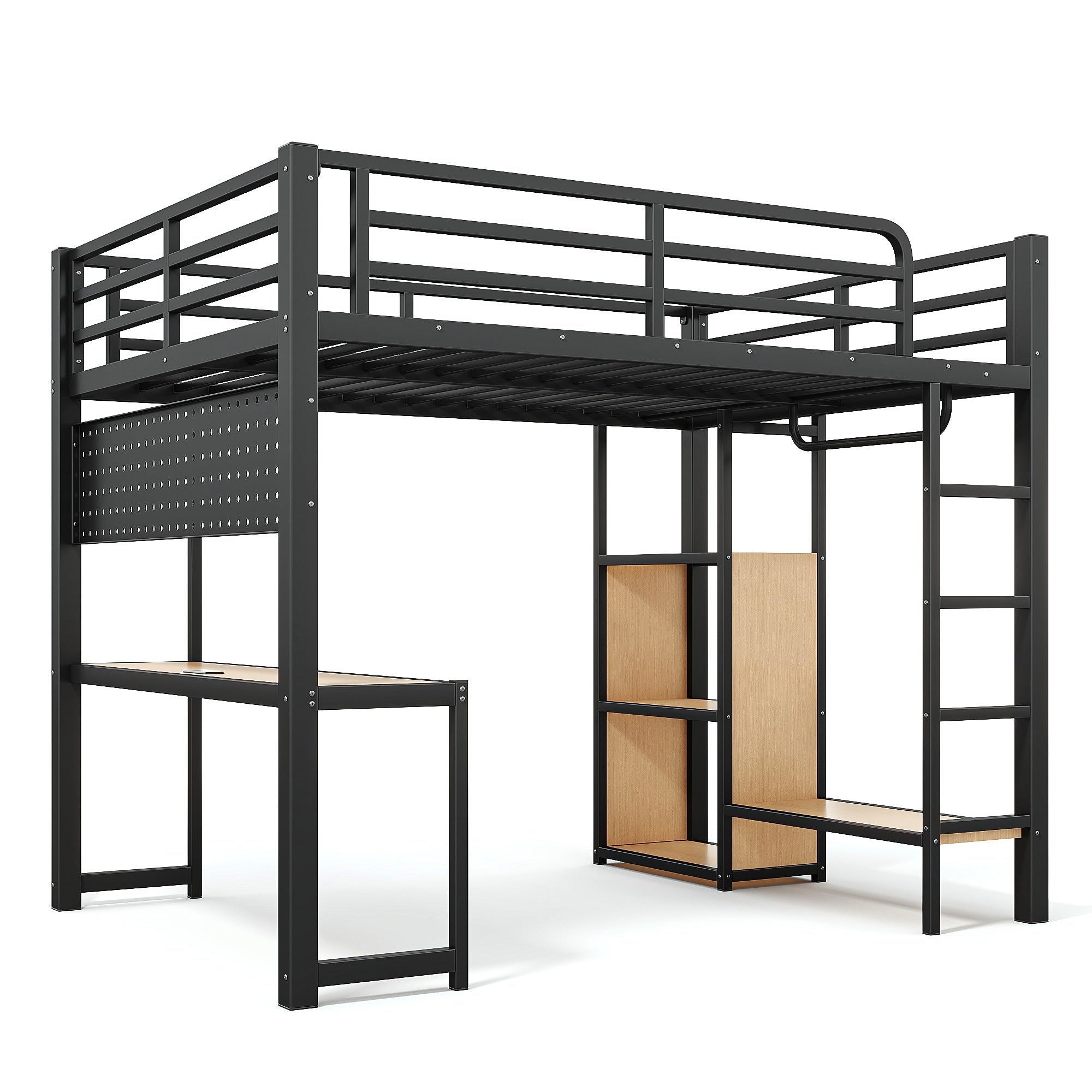 Bellemave® Loft Bed with Desk, Storage Shelf, Pegboard & Lights, Metal Loft Bed with Charging Station & Hanging Rod, Adults Loft Beds Nosie - Free, Black - Bellemave