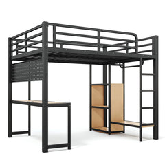 Bellemave® Loft Bed with Desk, Storage Shelf, Pegboard & Lights, Metal Loft Bed with Charging Station & Hanging Rod, Adults Loft Beds Nosie - Free, Black - Bellemave