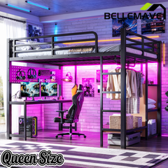 Bellemave® Loft Bed with Desk, Storage Shelf, Pegboard & Lights, Metal Loft Bed with Charging Station & Hanging Rod, Adults Loft Beds Nosie - Free, Black - Bellemave