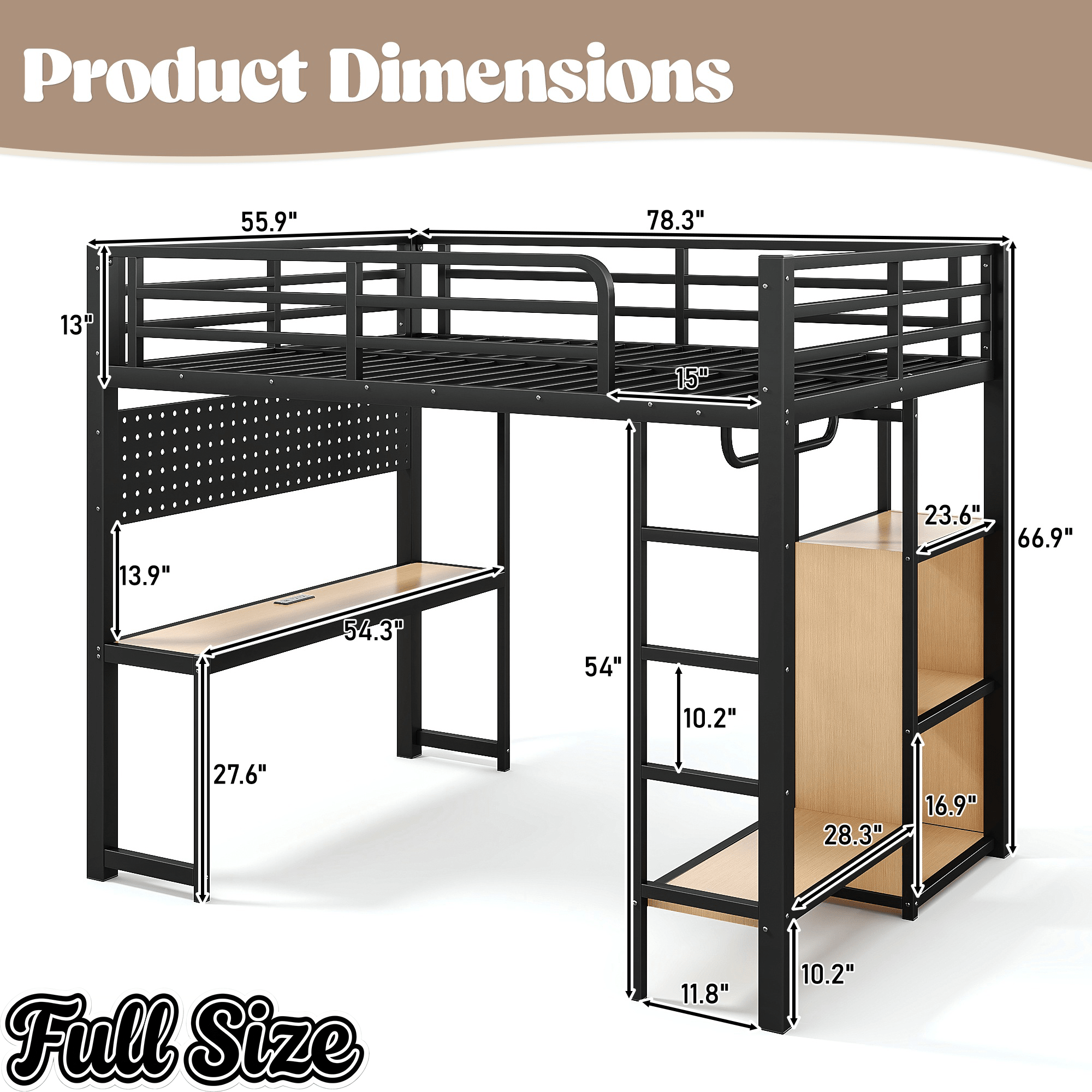 Bellemave® Loft Bed with Desk, Storage Shelf, Pegboard & Lights, Metal Loft Bed with Charging Station & Hanging Rod, Adults Loft Beds Nosie - Free, Black - Bellemave