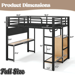 Bellemave® Loft Bed with Desk, Storage Shelf, Pegboard & Lights, Metal Loft Bed with Charging Station & Hanging Rod, Adults Loft Beds Nosie - Free, Black - Bellemave