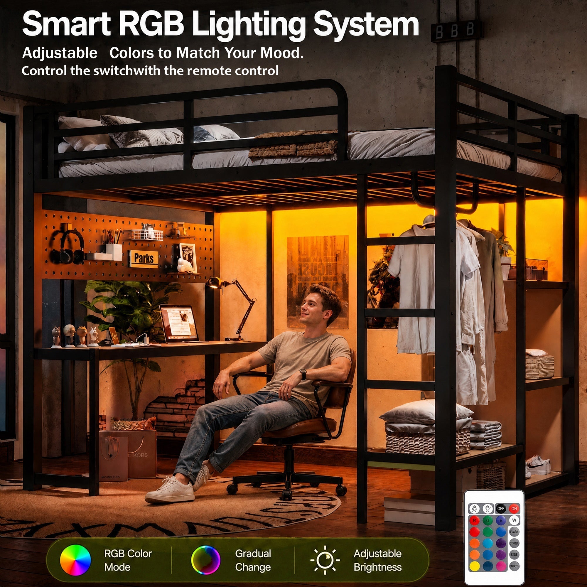 Bellemave® Loft Bed with Desk, Storage Shelf, Pegboard & Lights, Metal Loft Bed with Charging Station & Hanging Rod, Adults Loft Beds Nosie - Free, Black - Bellemave