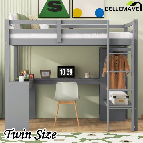 Bellemave® Loft Bed with L - shaped Desk, Wardrobe and Storage Shelves - Bellemave