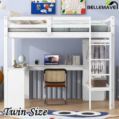 Bellemave® Loft Bed with L - shaped Desk, Wardrobe and Storage Shelves - Bellemave