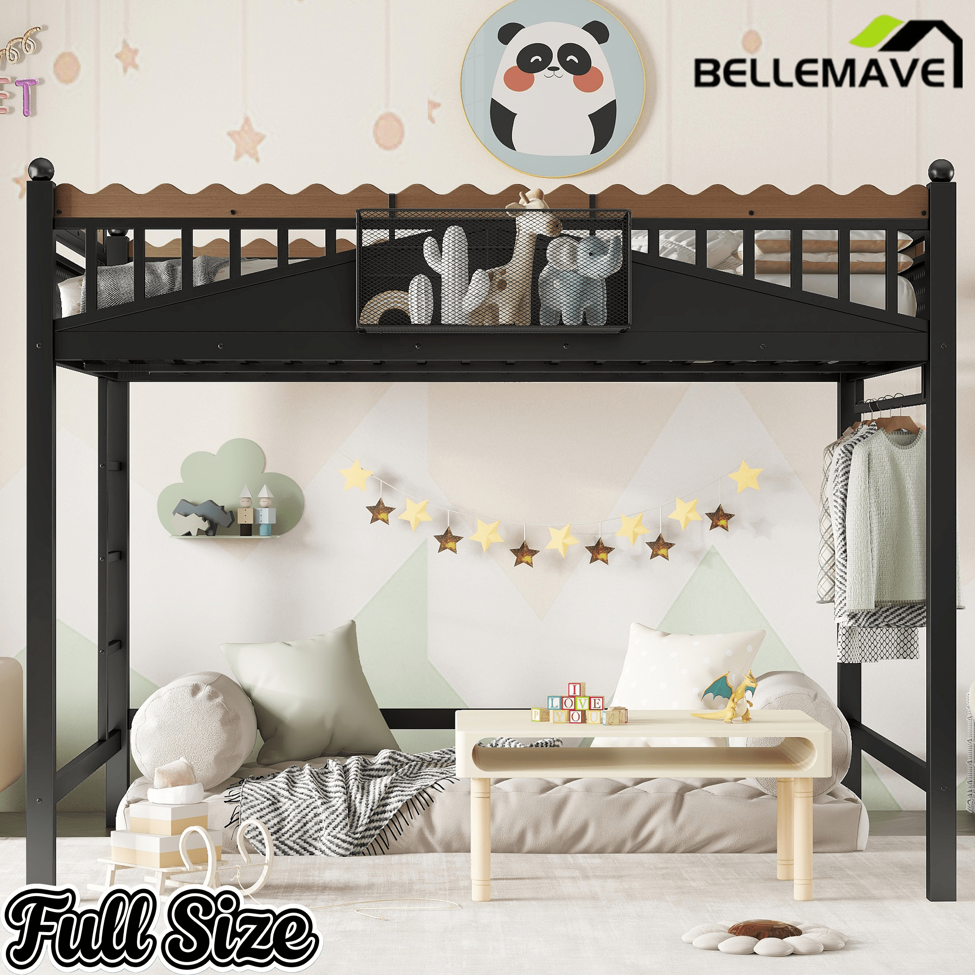 Bellemave® Loft Bed with Ladder and Storage Shelves and Bookshelf, Metal Loft Bed Frame, Black - Bellemave
