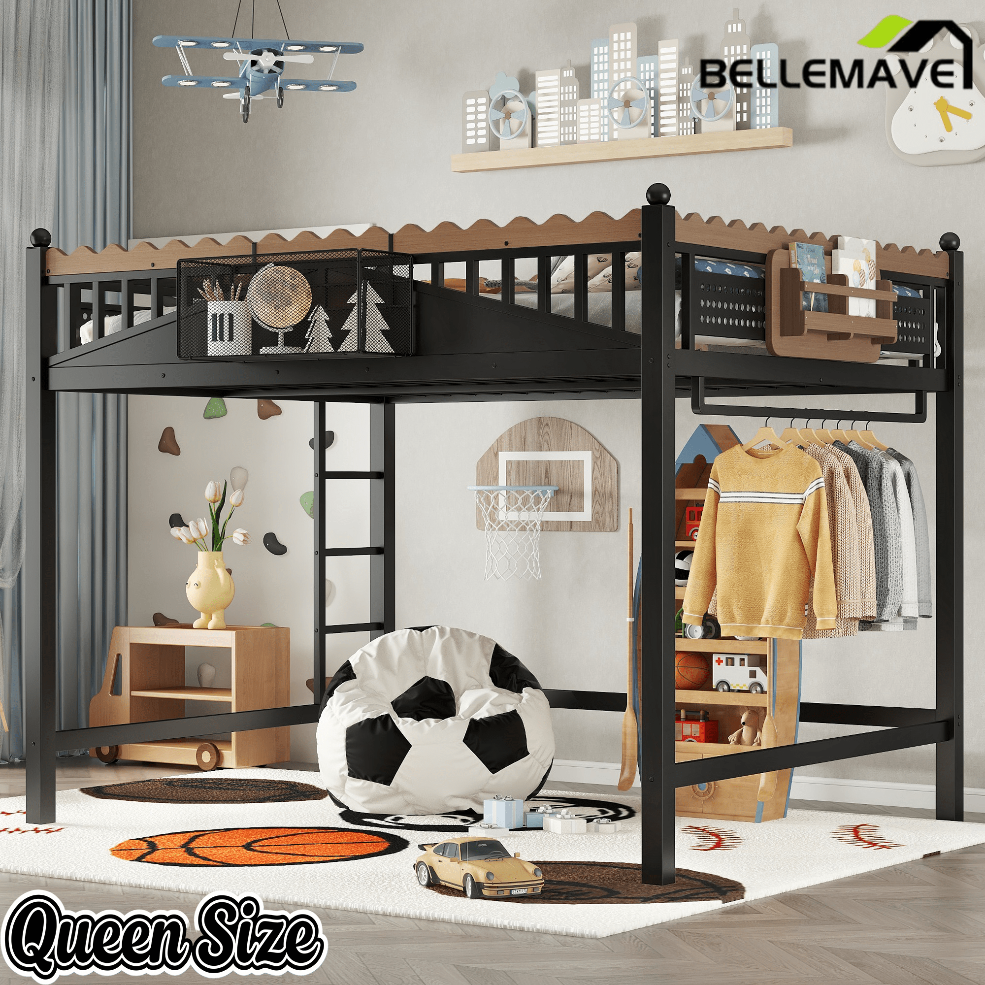 Bellemave® Loft Bed with Ladder and Storage Shelves and Bookshelf, Metal Loft Bed Frame, Black - Bellemave
