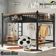 Bellemave® Loft Bed with Ladder and Storage Shelves and Bookshelf, Metal Loft Bed Frame, Black - Bellemave