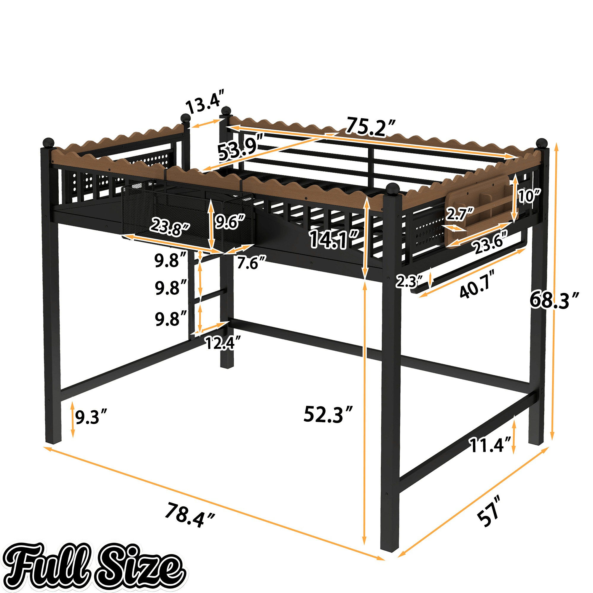 Bellemave® Loft Bed with Ladder and Storage Shelves and Bookshelf, Metal Loft Bed Frame, Black - Bellemave