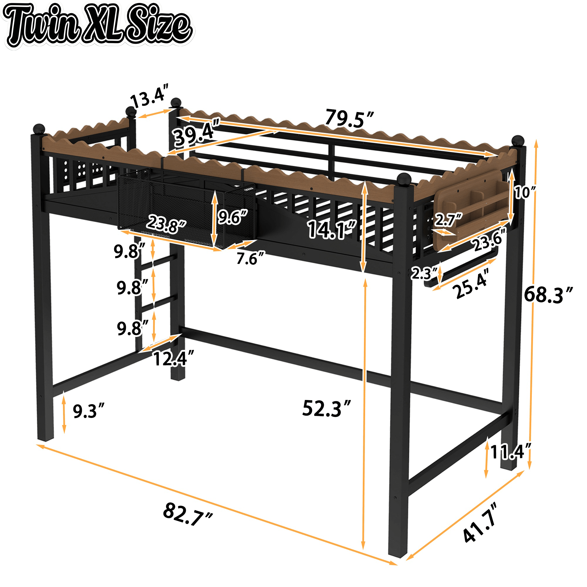 Bellemave® Loft Bed with Ladder and Storage Shelves and Bookshelf, Metal Loft Bed Frame, Black - Bellemave