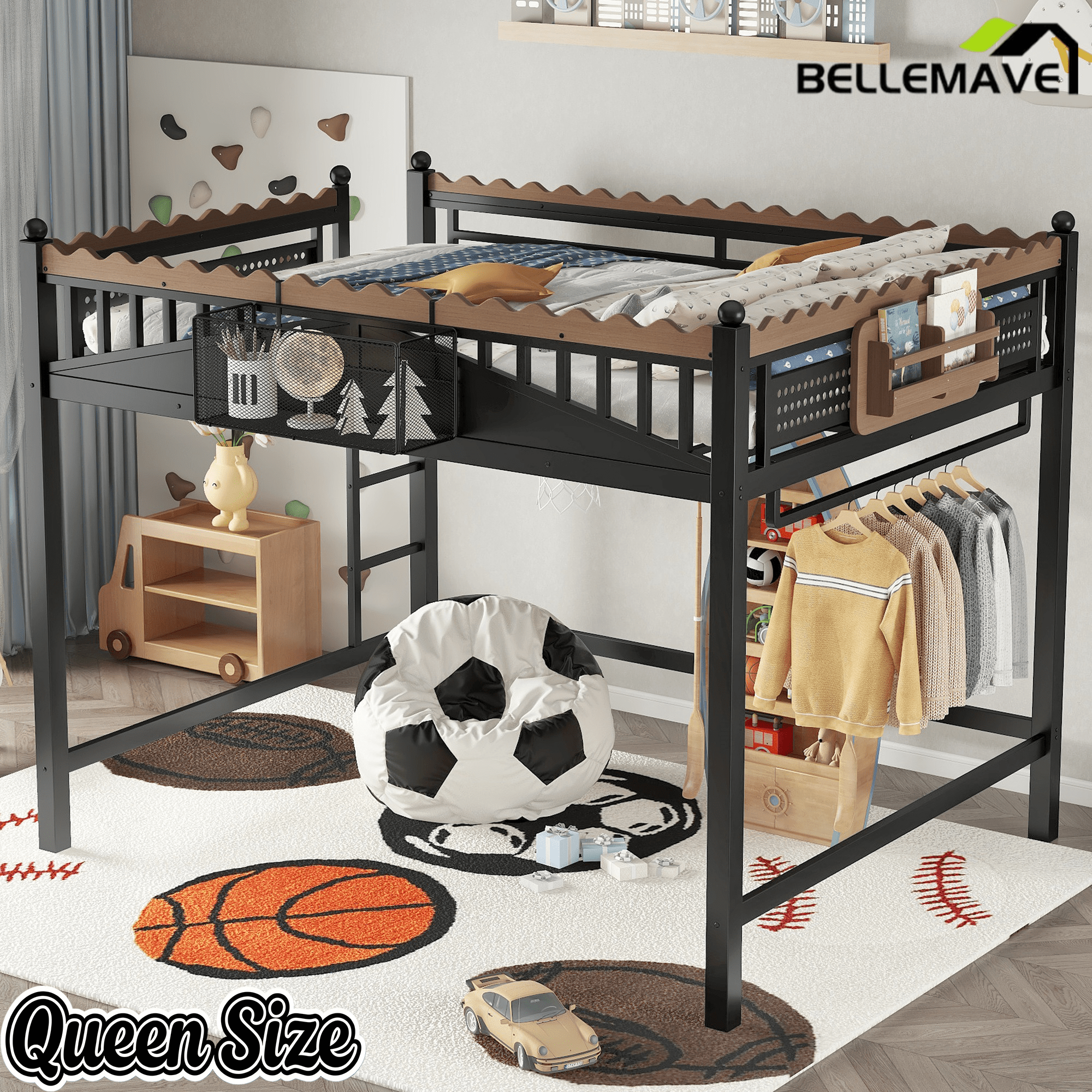 Bellemave® Loft Bed with Ladder and Storage Shelves and Bookshelf, Metal Loft Bed Frame, Black - Bellemave