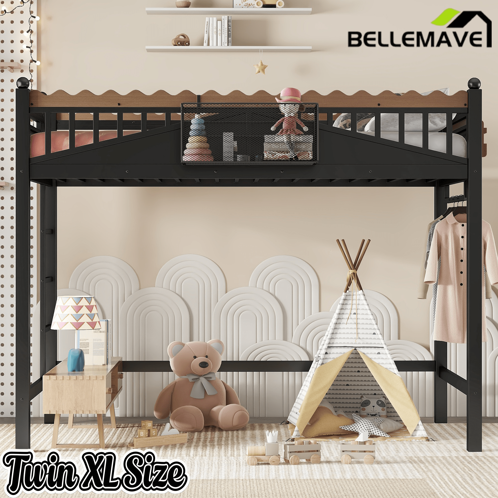 Bellemave® Loft Bed with Ladder and Storage Shelves and Bookshelf, Metal Loft Bed Frame, Black - Bellemave