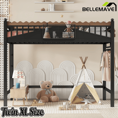 Bellemave® Loft Bed with Ladder and Storage Shelves and Bookshelf, Metal Loft Bed Frame, Black - Bellemave