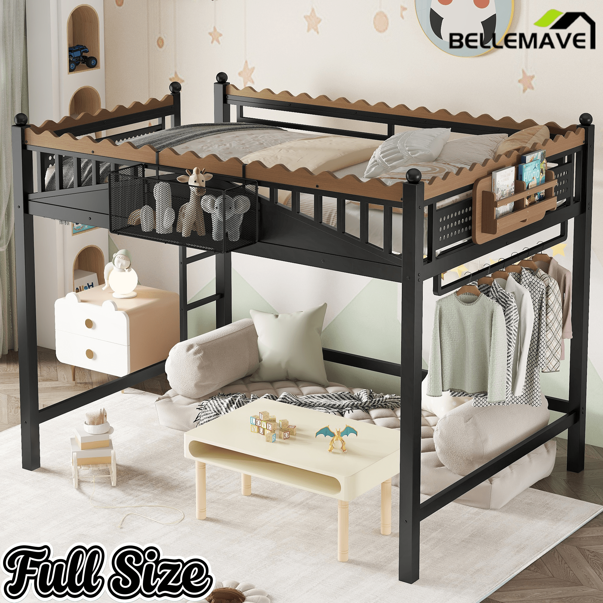 Bellemave® Loft Bed with Ladder and Storage Shelves and Bookshelf, Metal Loft Bed Frame, Black - Bellemave