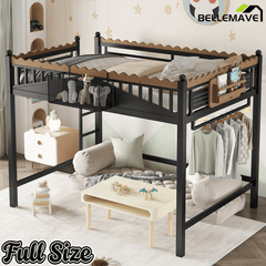 Bellemave® Loft Bed with Ladder and Storage Shelves and Bookshelf, Metal Loft Bed Frame, Black - Bellemave