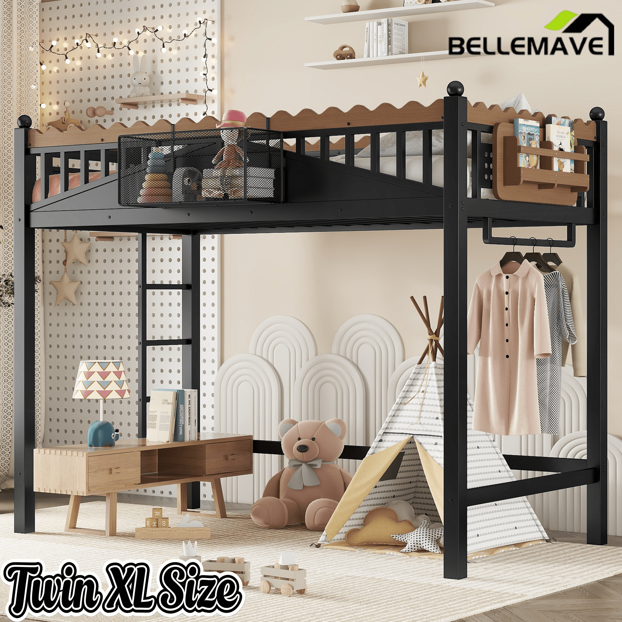 Bellemave® Loft Bed with Ladder and Storage Shelves and Bookshelf, Metal Loft Bed Frame, Black - Bellemave