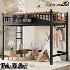 Bellemave® Loft Bed with Ladder and Storage Shelves and Bookshelf, Metal Loft Bed Frame, Black - Bellemave